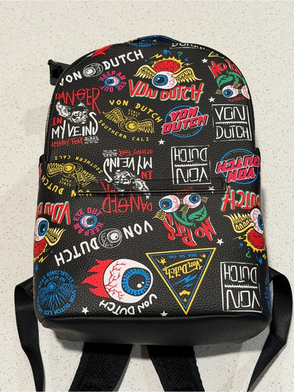 Von Dutch Jax Bowler Backpack Black Graffiti Logo Print Y2K SATCHEL VDKBP030BLK